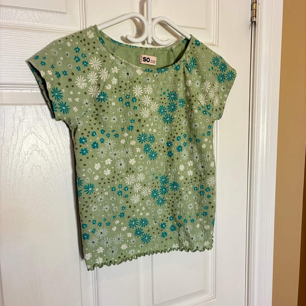 SO Kids Green Floral Lettuce Hem Tee Youth XL 14-16 Cottagecore Y2K Cotton Top
